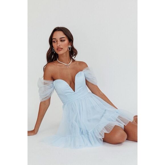 NWT SELFIE LESLIE PIXI OFF-SHOULDER LACE-UP BACK BACK DRESS Baby Blue S - Picture 1 of 8